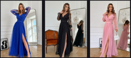 Trzy zdjęcia przedstawiają kobietę w sukience w kolorze niebiesko-czarno-różowym, pozującą z gracją w pokoju ozdobionym eleganckimi dekoracjami i lustrem — idealna inspiracja dla studniówki.