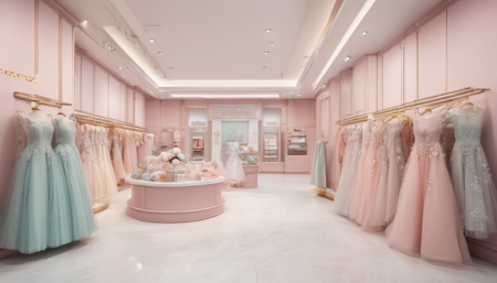 sklep z pastelowymi eleganckimi sukienkami