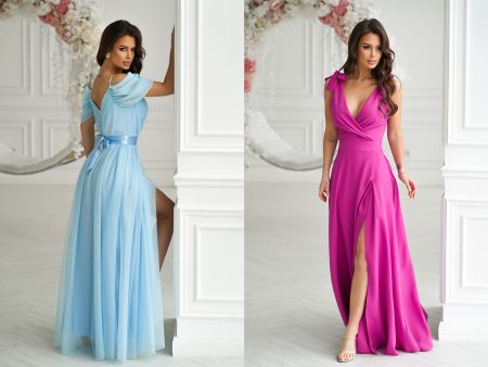 Kobieta w niebieskiej sukni Bicotone pozuje przy kolumnie; ma na sobie różową sukienkę butiki od polskiego producenta sukienek w podobnej pozie w jasnym, eleganckim pomieszczeniu.