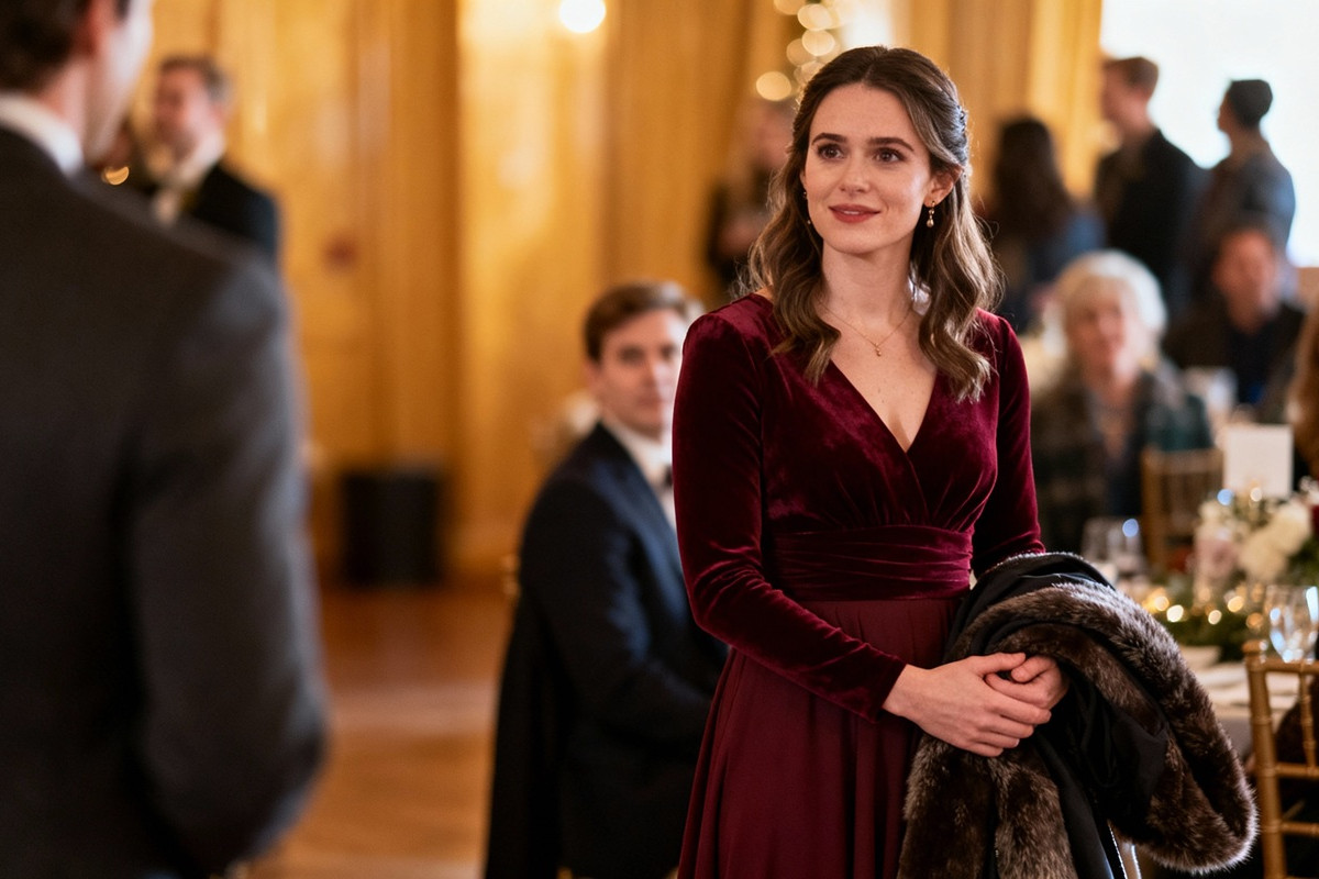 Kobieta w bordowej sukience na wesele zimą stoi na eleganckiej imprezie, trzymając futro i uśmiechając się ciepło.