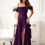 Elegancka Fuksjowa Sukienka Z Drapowaniem, Rozcięciem I Błyszczącą Tkaniną 330-07 + SIZE 12