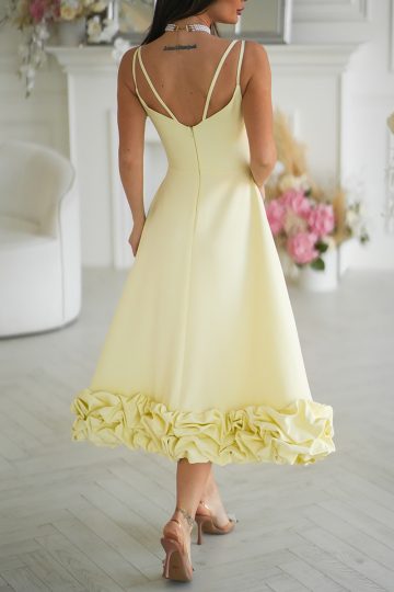 Efektowna Żółta Sukienka Midi z Kwiatowym Wykończeniem 345-14 + SIZE midi 2