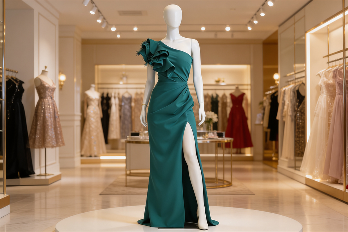 Manekin prezentuje turkusową suknię na jedno ramię z wysokim rozcięciem, pokazując profesjonalny visual merchandising w eleganckim butiku z sukienkami.