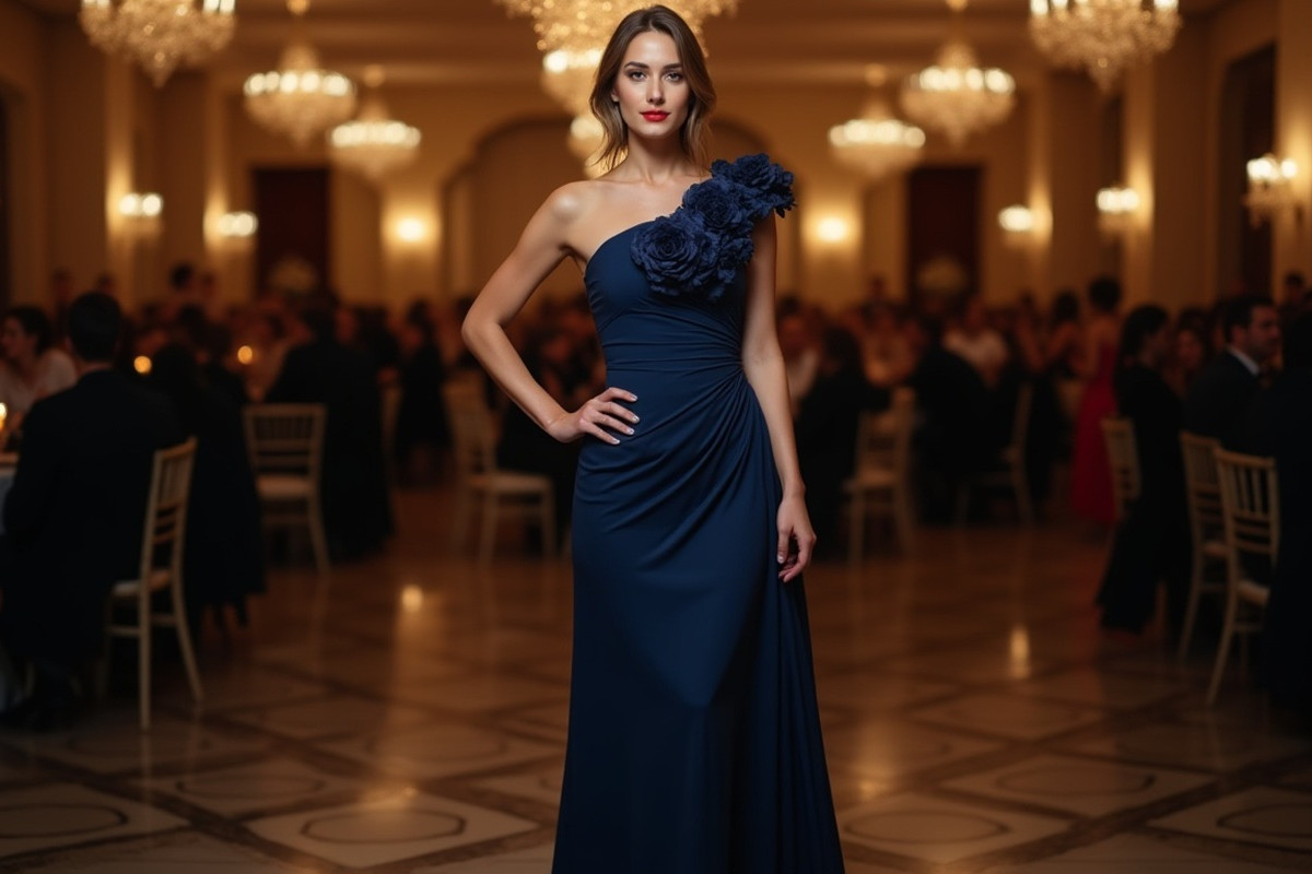 Klientki zachwycą się tym widokiem: kobieta w granatowej sukni wieczorowej na jednej ramie stoi pewnie w eleganckiej, rozświetlonej żyrandolami sali balowej.