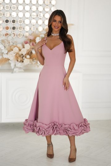 Efektowna Różowa Sukienka Midi z Kwiatowym Wykończeniem 345-20 + SIZE midi 2