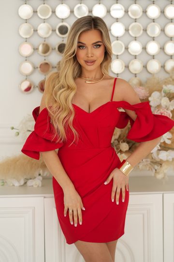 Czerwona Sukienka Koktajlowa Ze Spektakularnymi Rękawami 346-02 Nowości