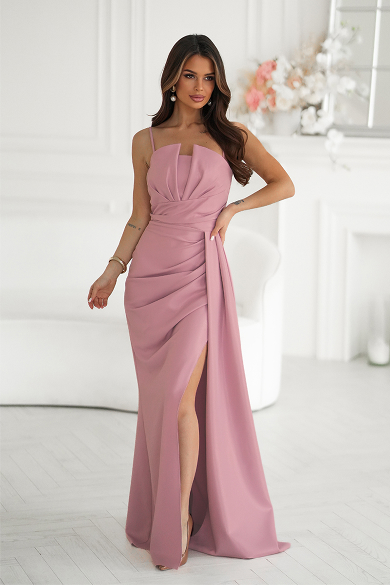 342-20-3 Elegancka Brudno-Różowa Sukienka Z Geometrycznym Dekoltem I Odpinanymi Ramiączkami 342-20 + SIZE maxi 3