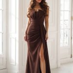 Kobieta w czekoladowej sukience z geometrycznym dekoltem i rozcięciem sięgającym do uda stoi w jasnym, eleganckim pomieszczeniu.