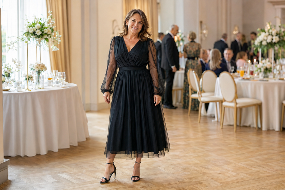 Kobieta po pięćdziesiątce w eleganckiej sukience na wesele uśmiecha się, stojąc w okazałej sali bankietowej z pięknie udekorowanymi stołami i gośćmi.