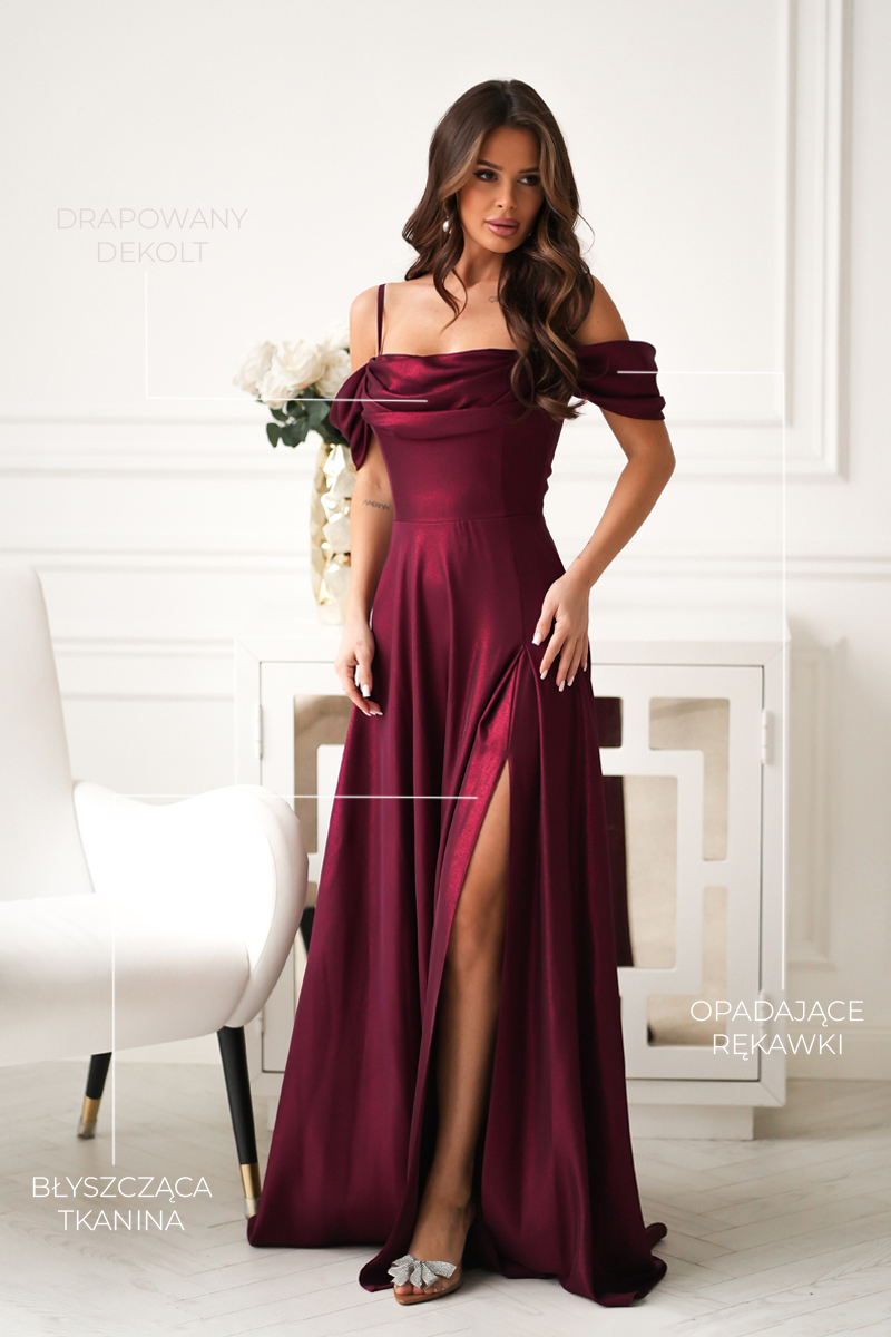 330-10-4 Elegancka Bordowa Sukienka Z Drapowaniem, Rozcięciem I Błyszczącą Tkaniną 330-10 + SIZE 6